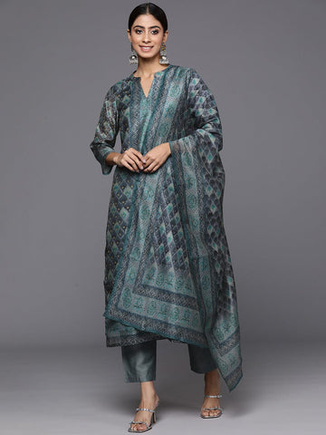 Blue Geometrical Printed Straight Kurta Paired With Solid Bottom And Printed Dupatta